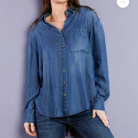 Billy T Love You To Pieces Shirt Women XL Blue Purple Chambray Denim Plaid Boho - Picture 5 of 15